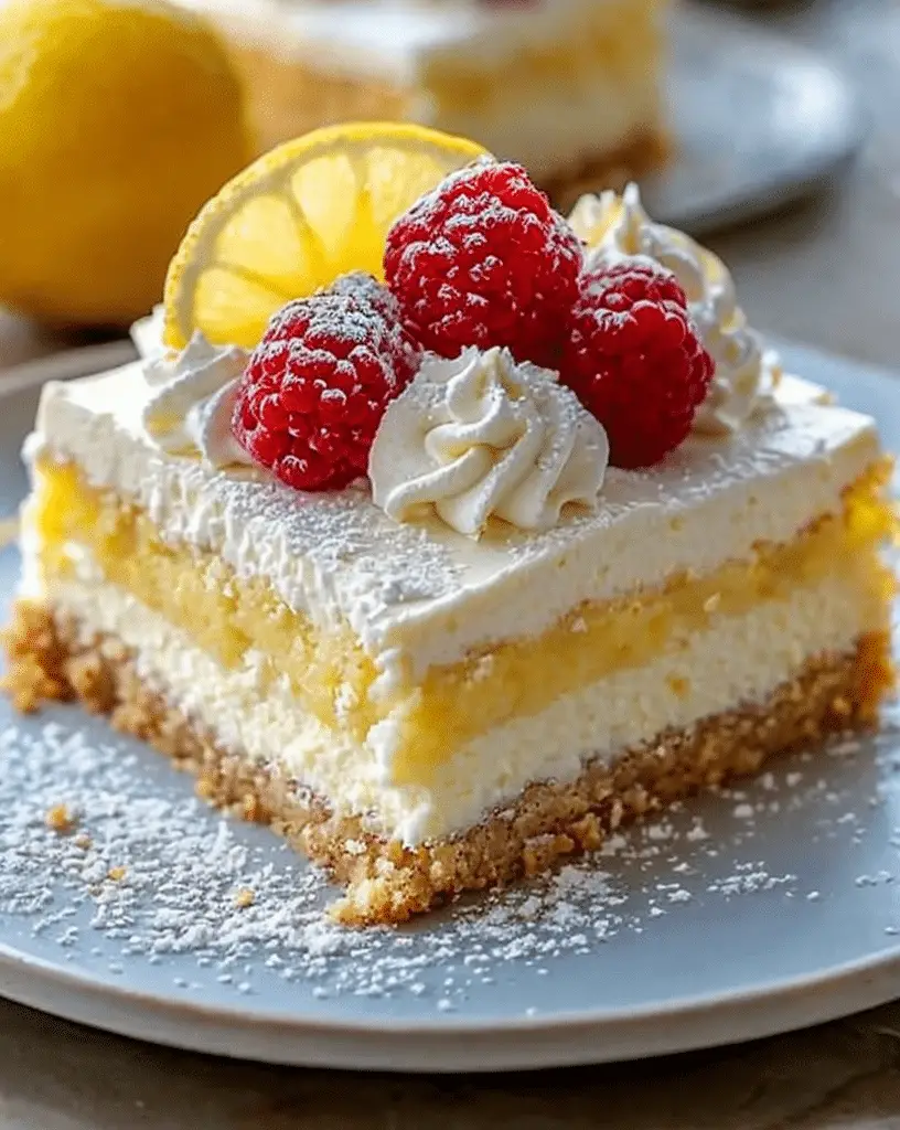 Lemon Cheesecake Cake Bars cut into squares on baking tray