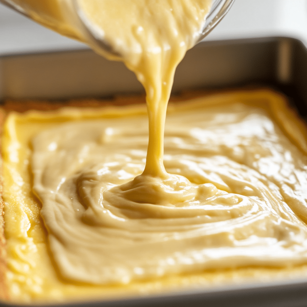 Irresistible Lemon Cheesecake Cake Bars: A Sweet and Tangy Delight 11 Pouring lemon cheesecake batter over cake base