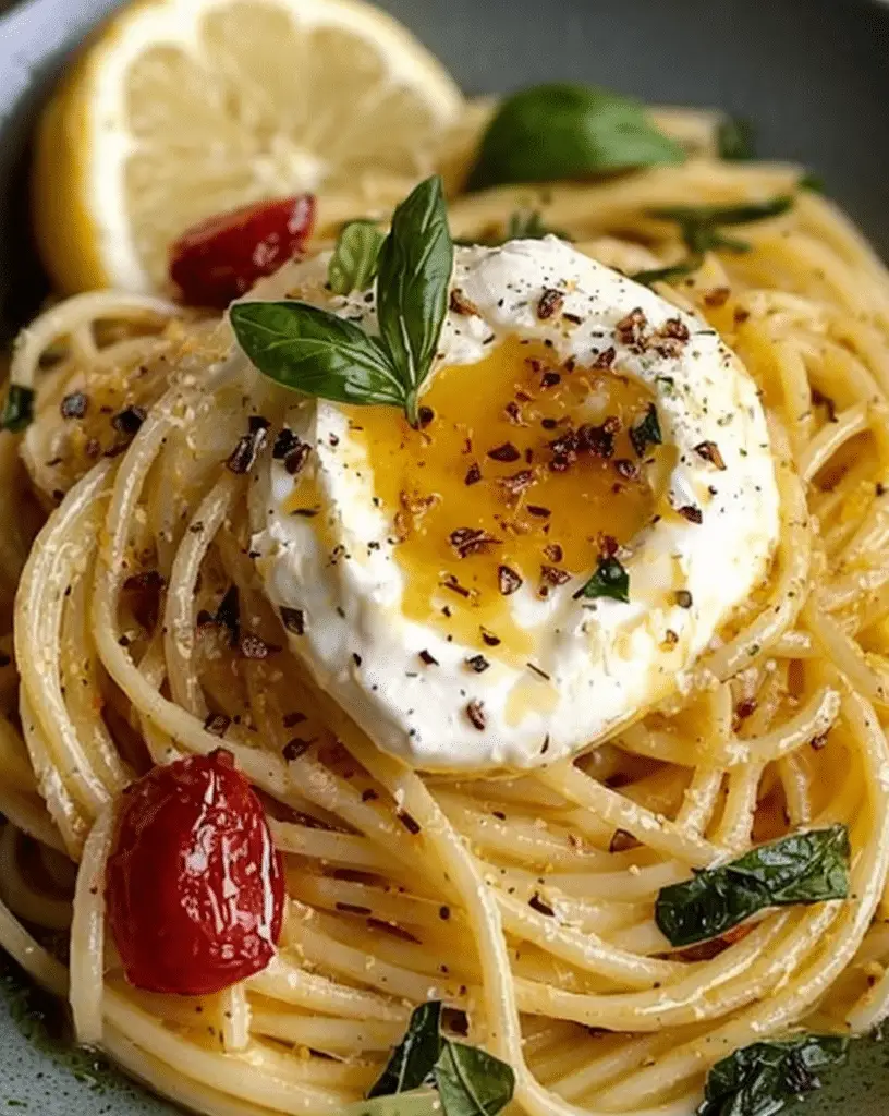 Lemon herb burrata spaghetti with fresh herbs and lemon zest