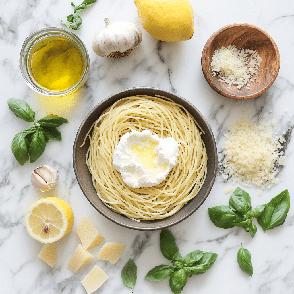 Indulge in Lemon Herb Burrata Spaghetti with Roasted Garlic 6 Ingredients for lemon herb burrata spaghetti on marble surface