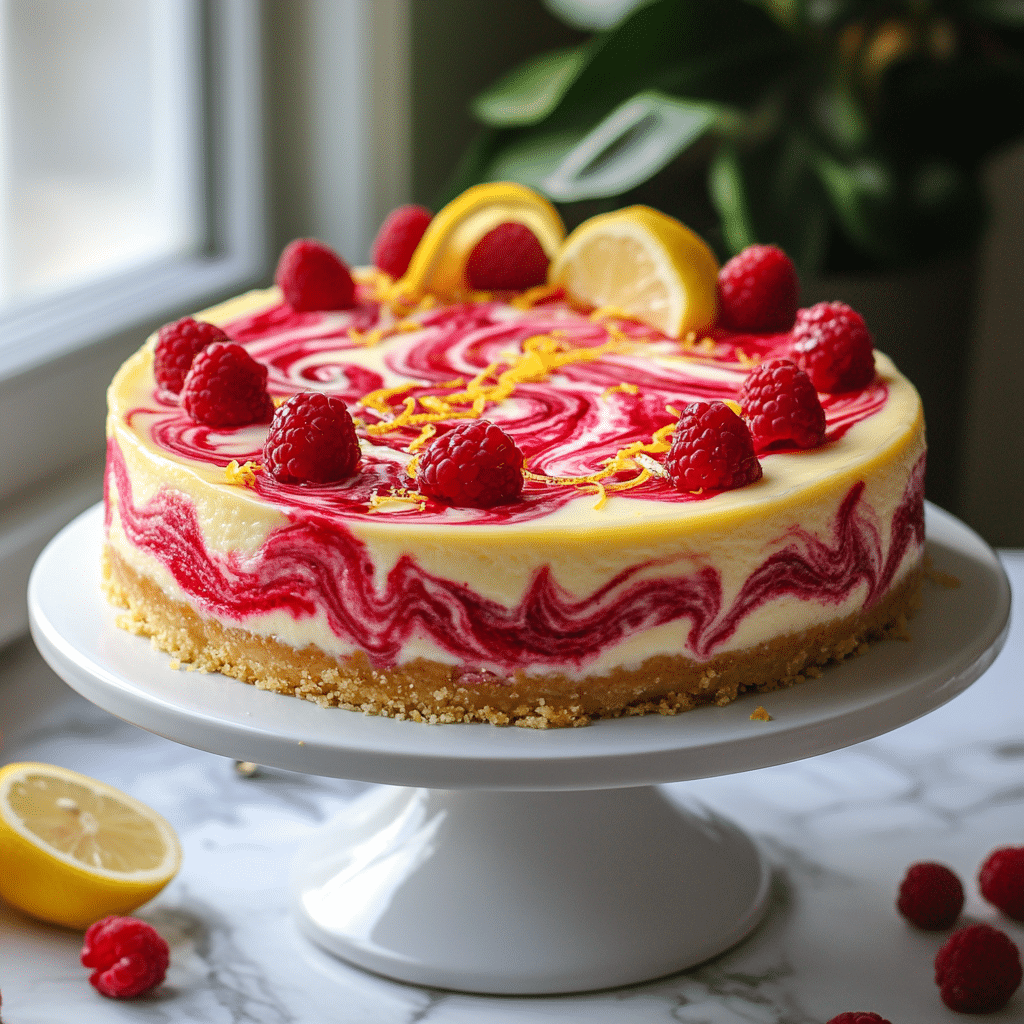 Lemon Raspberry Swirl Cheesecake with raspberry swirls and lemon garnish