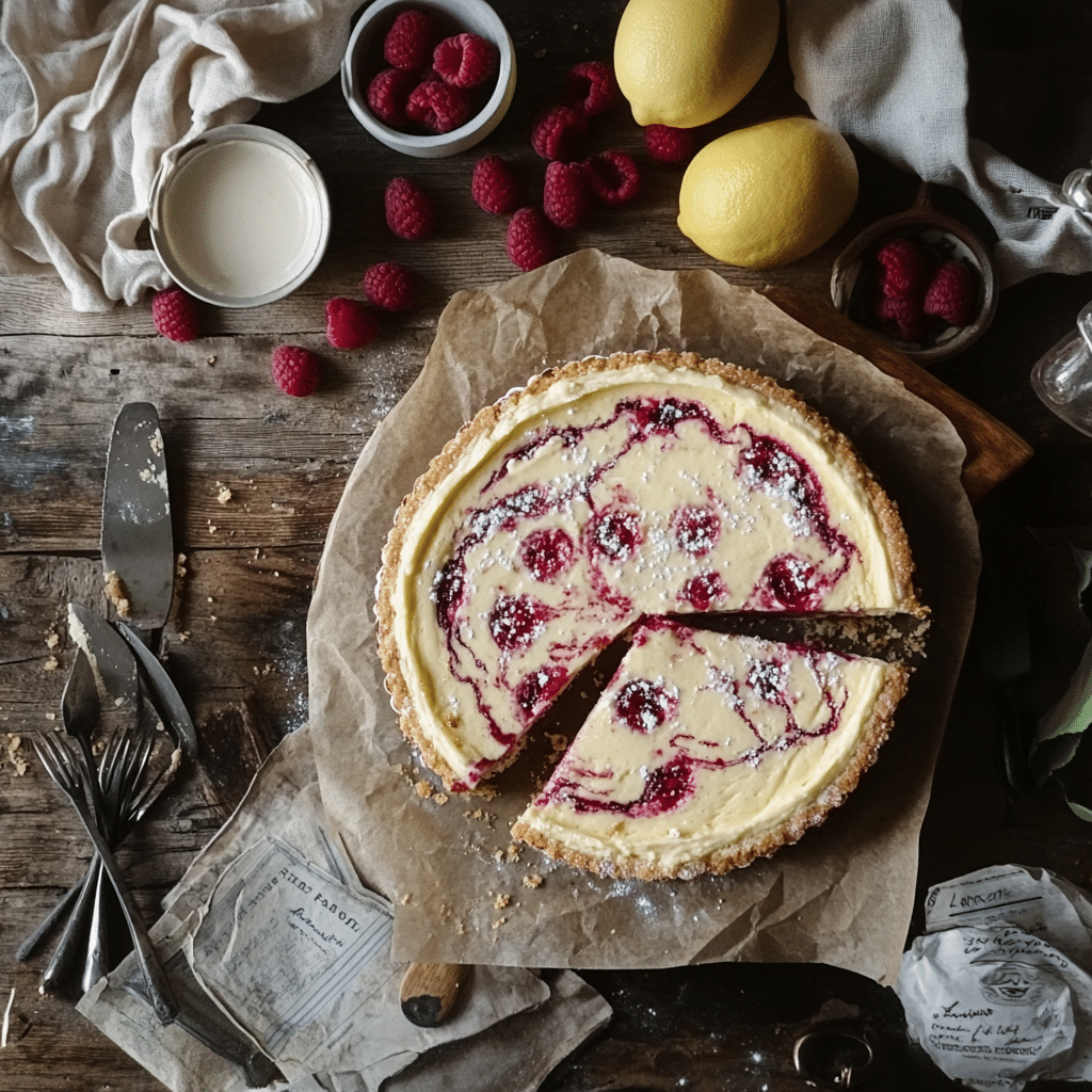 Irresistible Lemon Raspberry Swirl Cheesecake Recipe for Dessert Lovers 12 Lemon Raspberry Swirl Cheesecake recipe card and sliced dessert