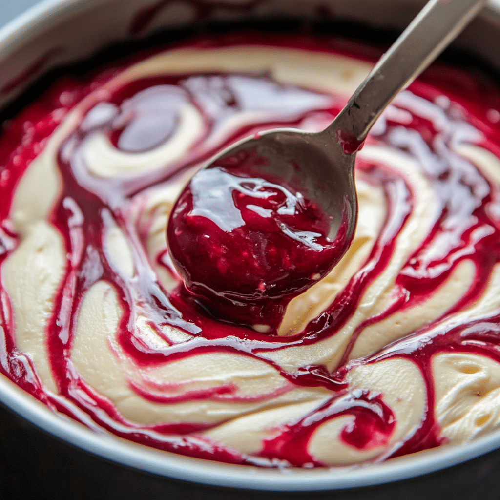 Irresistible Lemon Raspberry Swirl Cheesecake Recipe for Dessert Lovers 11 Swirling raspberry sauce into cheesecake batter