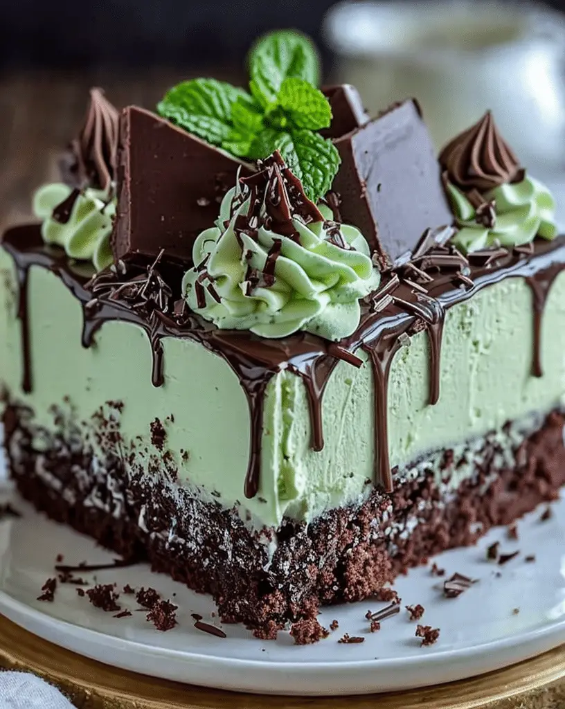 Mint Chocolate Fudge Cheesecake with ganache and mint topping