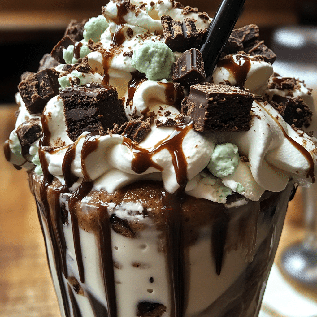 Indulge in Refreshing Mint Madness Freakshakes for Ultimate Dessert Delight 12 Freakshake toppings with brownies, mint bars, and whipped cream
