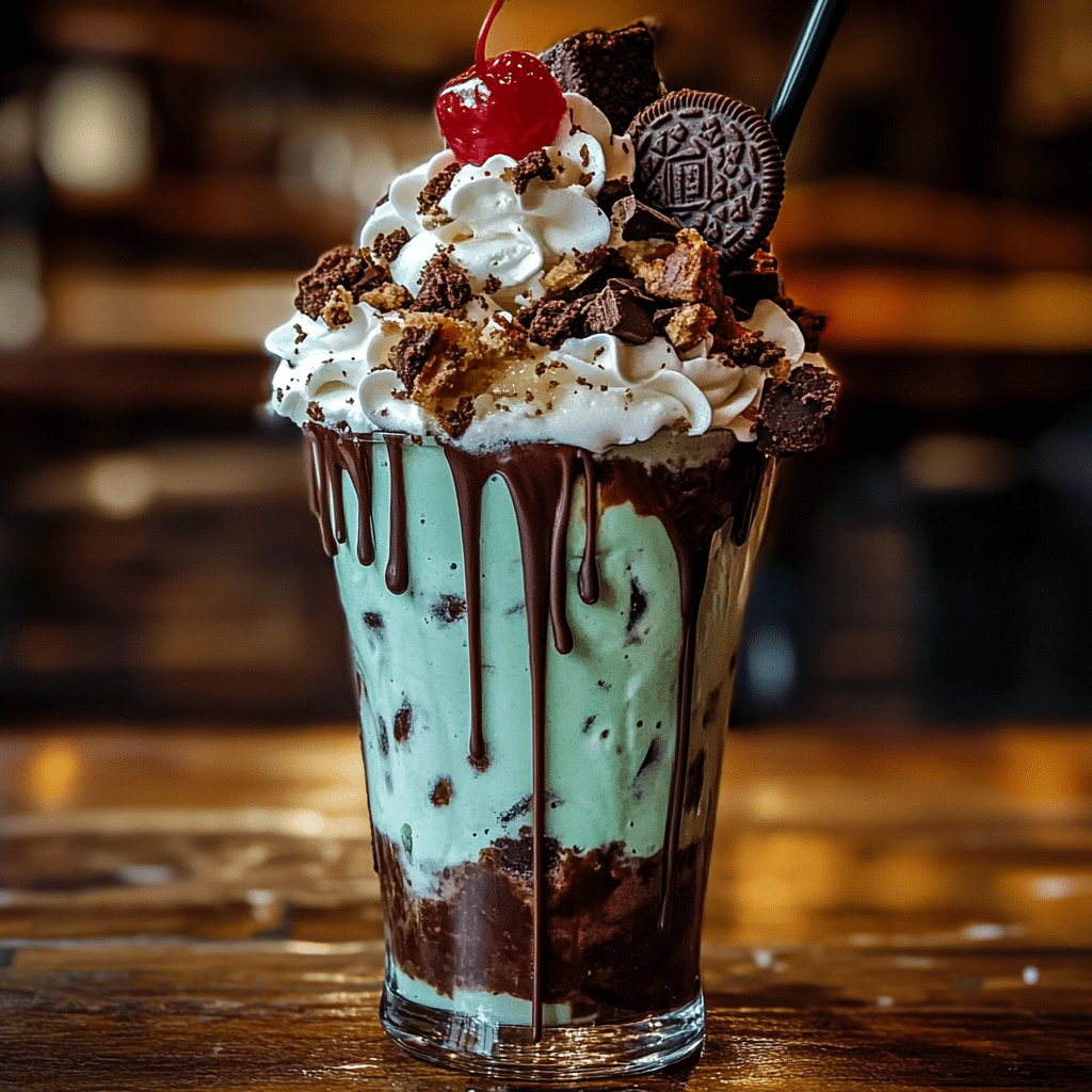 Mint Madness Freakshake topped with whipped cream, brownies, and mint chocolate