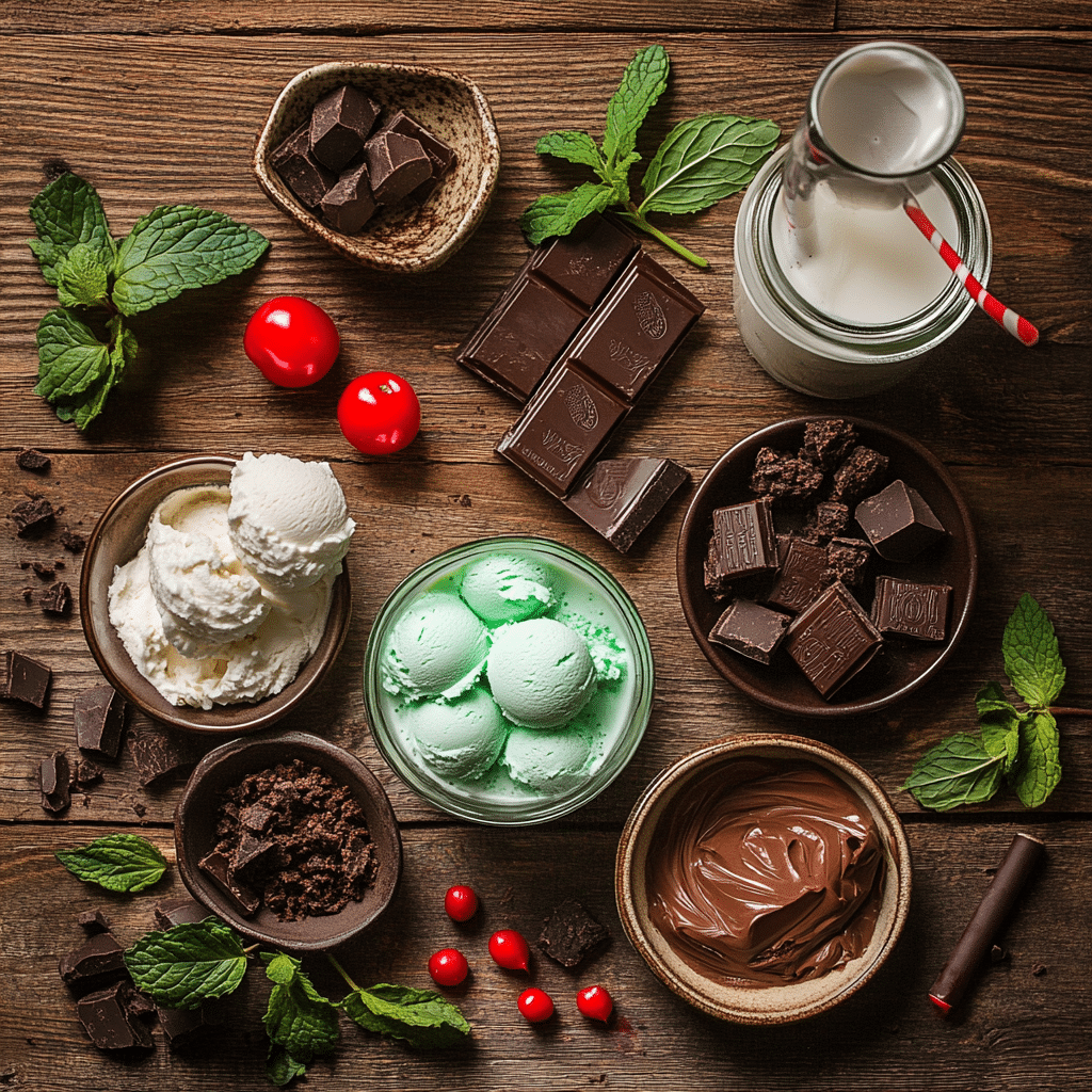 Indulge in Refreshing Mint Madness Freakshakes for Ultimate Dessert Delight 11 Flat lay of Mint Madness Freakshake ingredients including ice cream, milk, syrup, and toppings