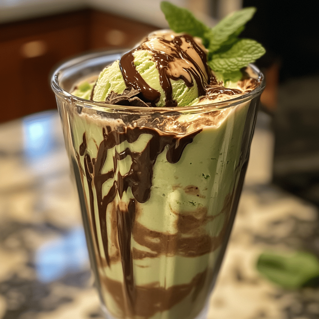 Indulge in Refreshing Mint Madness Freakshakes for Ultimate Dessert Delight 10 Mint chocolate chip milkshake in blender with chocolate drizzle