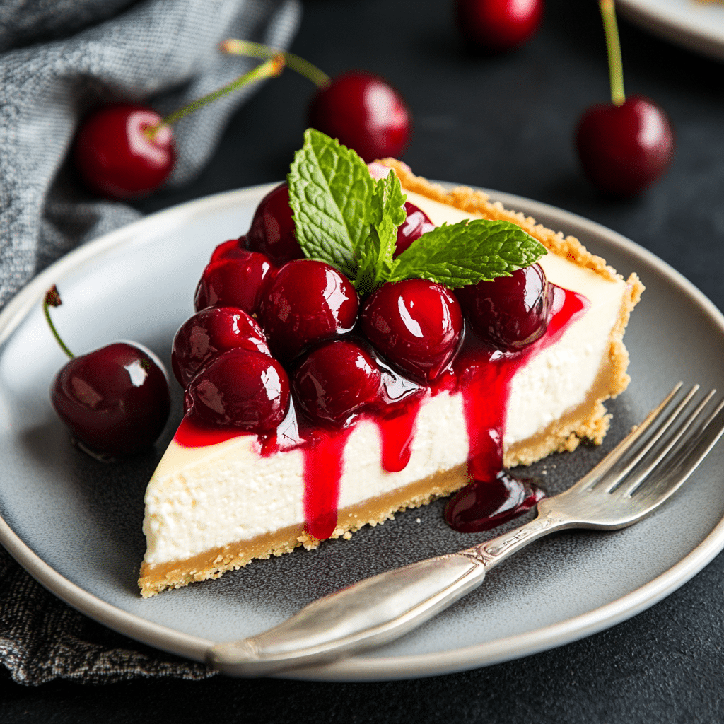 Indulge in the Best New York Style Cherry Cheesecake Recipe 6 New York Style Cherry Cheesecake recipe card beside baked dessert