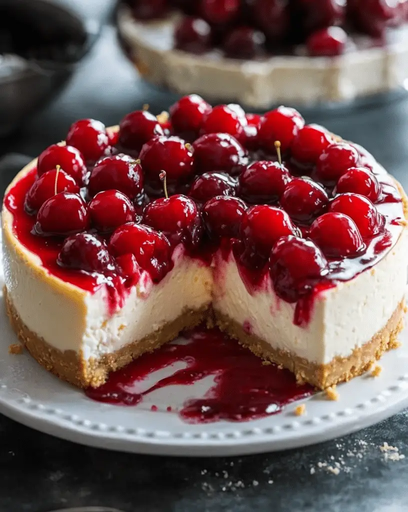 New York Style Cherry Cheesecake topped with cherry filling