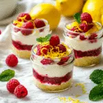 Irresistible No-Bake Lemon Raspberry Cheesecakes for Effortless Desserts 5 No-Bake Lemon Raspberry Cheesecakes served on tray with lemon and mint