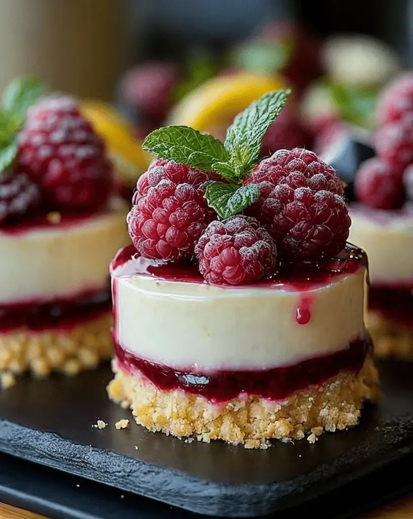 No-Bake Lemon Raspberry Cheesecakes in glass jars topped with raspberries