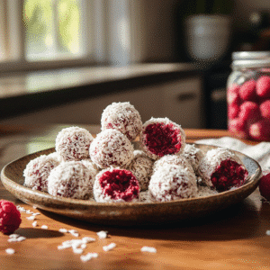 No-bake raspberry coconut balls on a rustic plate in cozy kitchen