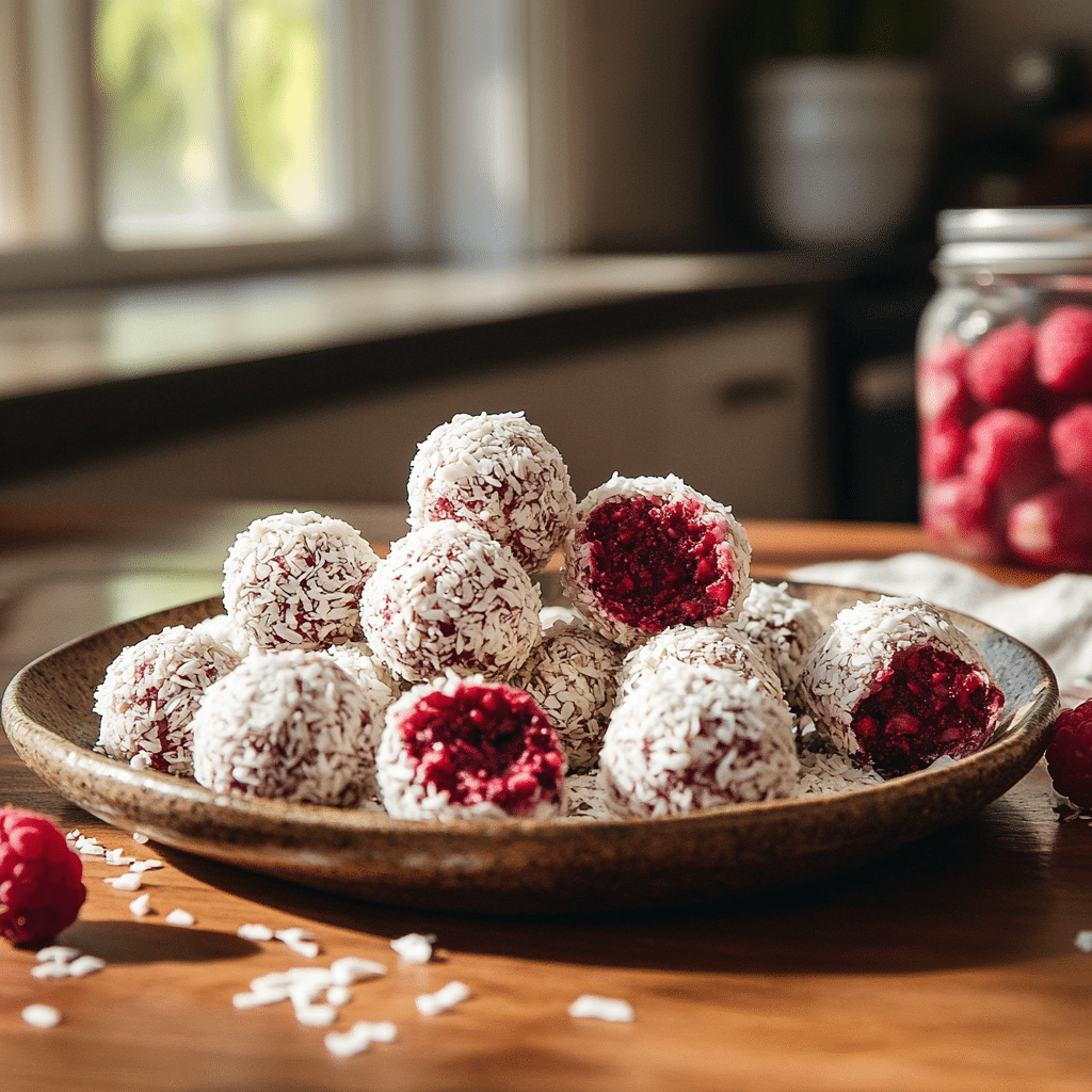 No-bake raspberry coconut balls on a rustic plate in cozy kitchen