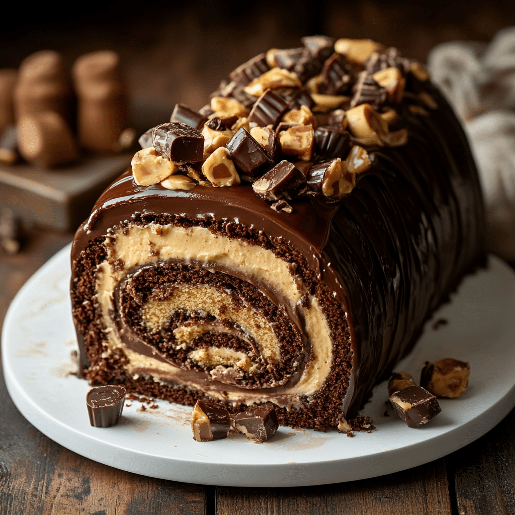 Decadent Reese’s Peanut Butter Cup Roll Cake Recipe 6 Recipe card and slice of Peanut Butter Cup Roll Cake