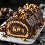 Decadent Reese’s Peanut Butter Cup Roll Cake Recipe 5 Slice of Peanut Butter Cup Roll Cake with ganache