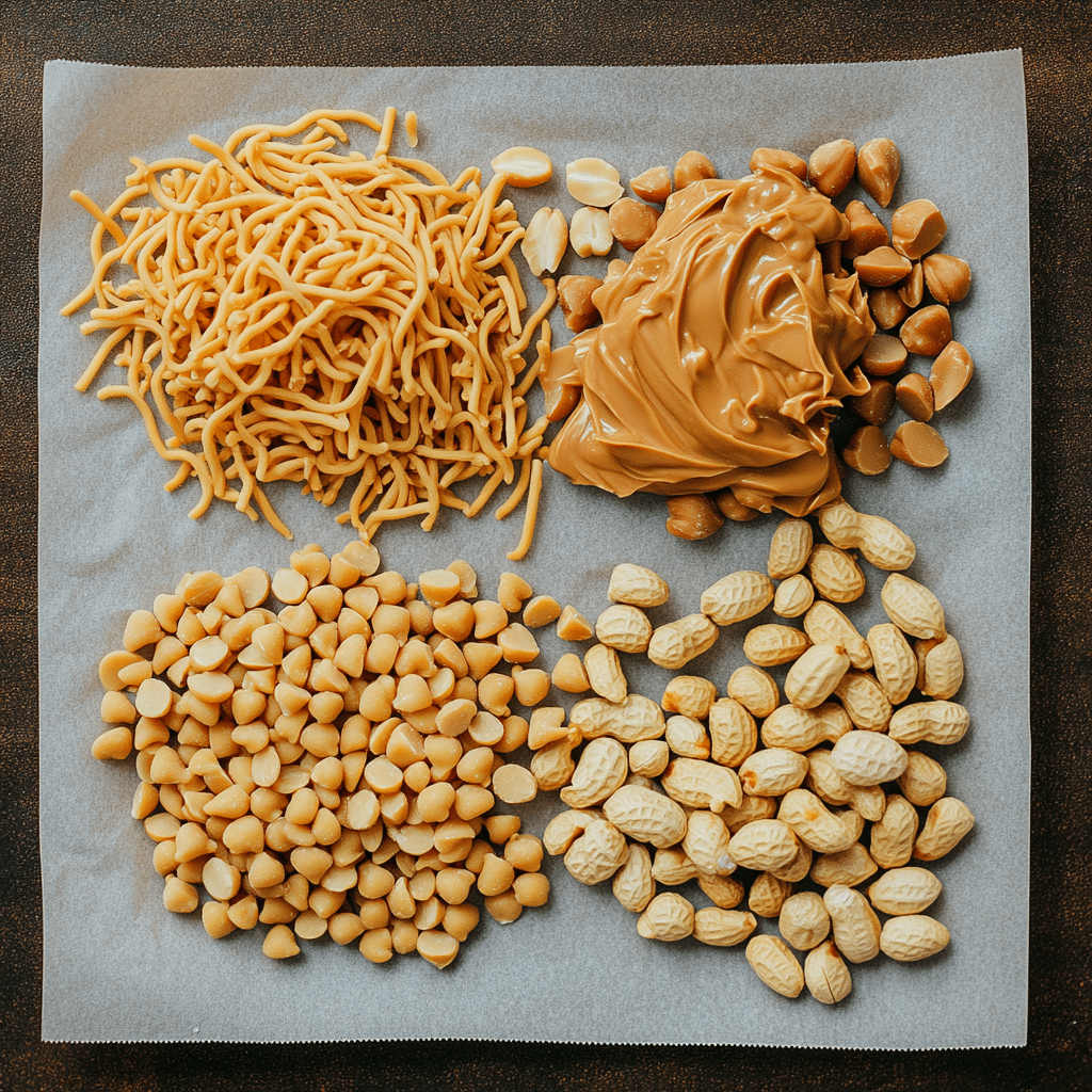 Deliciously Simple Peanut Butter Haystacks Recipe for Sweet Cravings 6 Ingredients for Peanut Butter Haystacks on kitchen counter