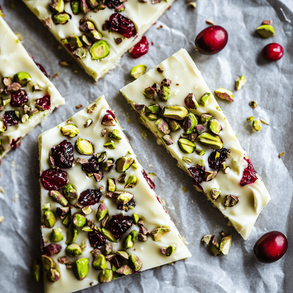 Pistachio Cranberry Bark broken into festive pieces
