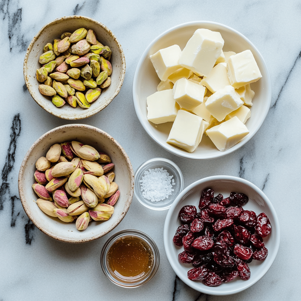 Irresistible Pistachio Cranberry Bark: A Festive Holiday Delight 9 Ingredients for Pistachio Cranberry Bark arranged flat on marble