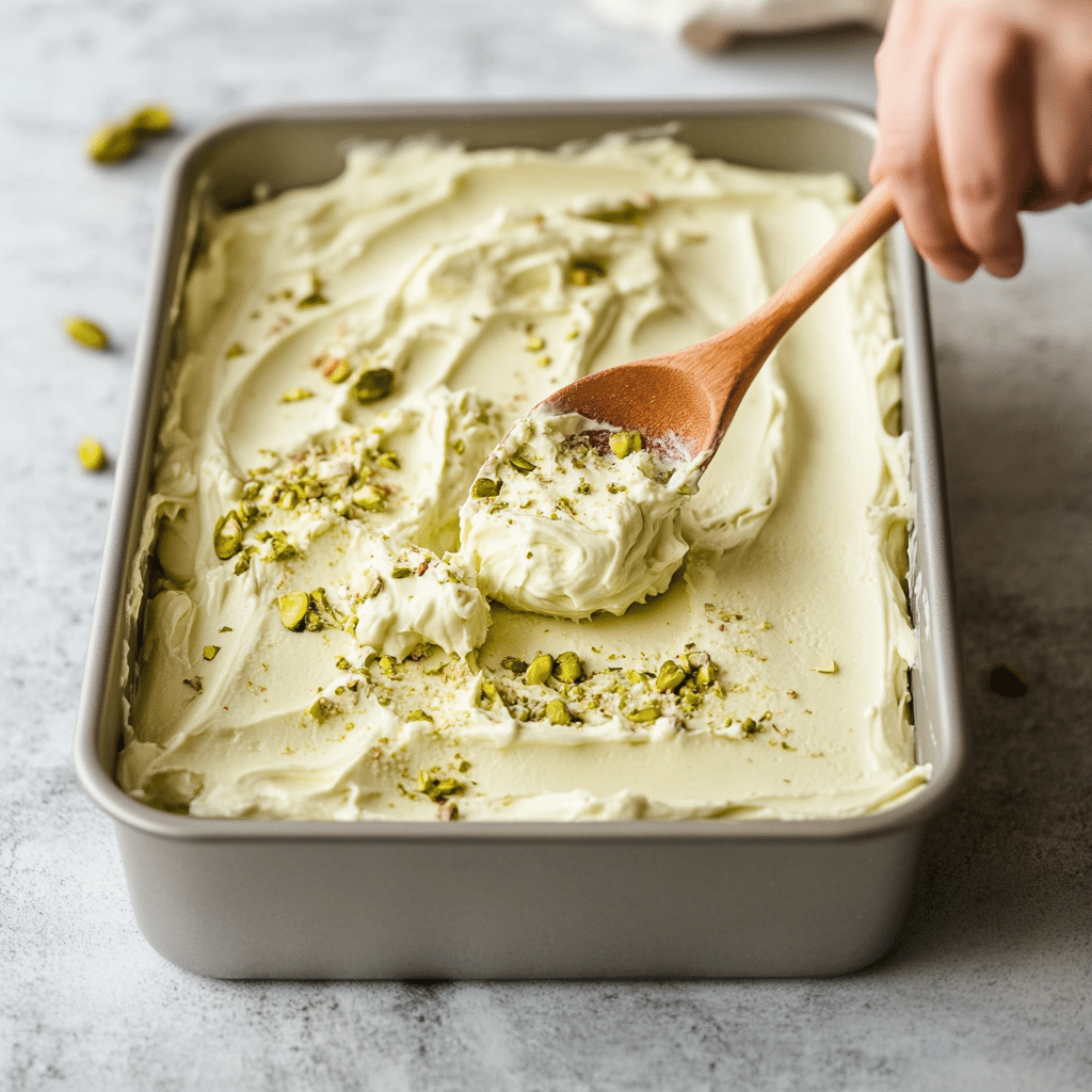Pistachio Tiramisu Dessert Recipe That’s Luscious, Creamy, and Totally Irresistible 14 Spreading mascarpone pistachio cream in tiramisu