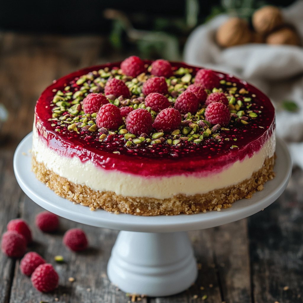 Pistachio raspberry cheesecake with fresh toppings