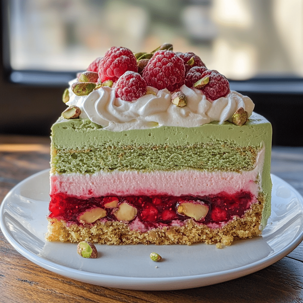 Pistachio Raspberry Crunch Mousse Cake with whipped topping