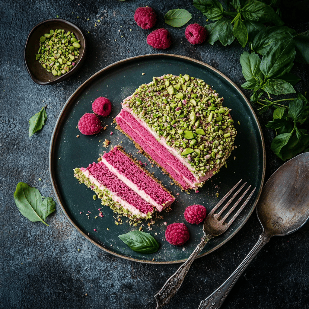 Indulge in the Delight of Pistachio Raspberry Crunch Mousse Cake 12 Recipe card for Pistachio Raspberry Crunch Mousse Cake