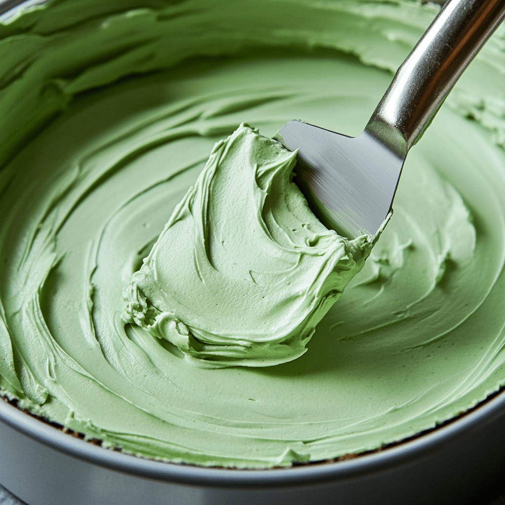 Indulge in the Delight of Pistachio Raspberry Crunch Mousse Cake 11 Spreading pistachio mousse layer for mousse cake
