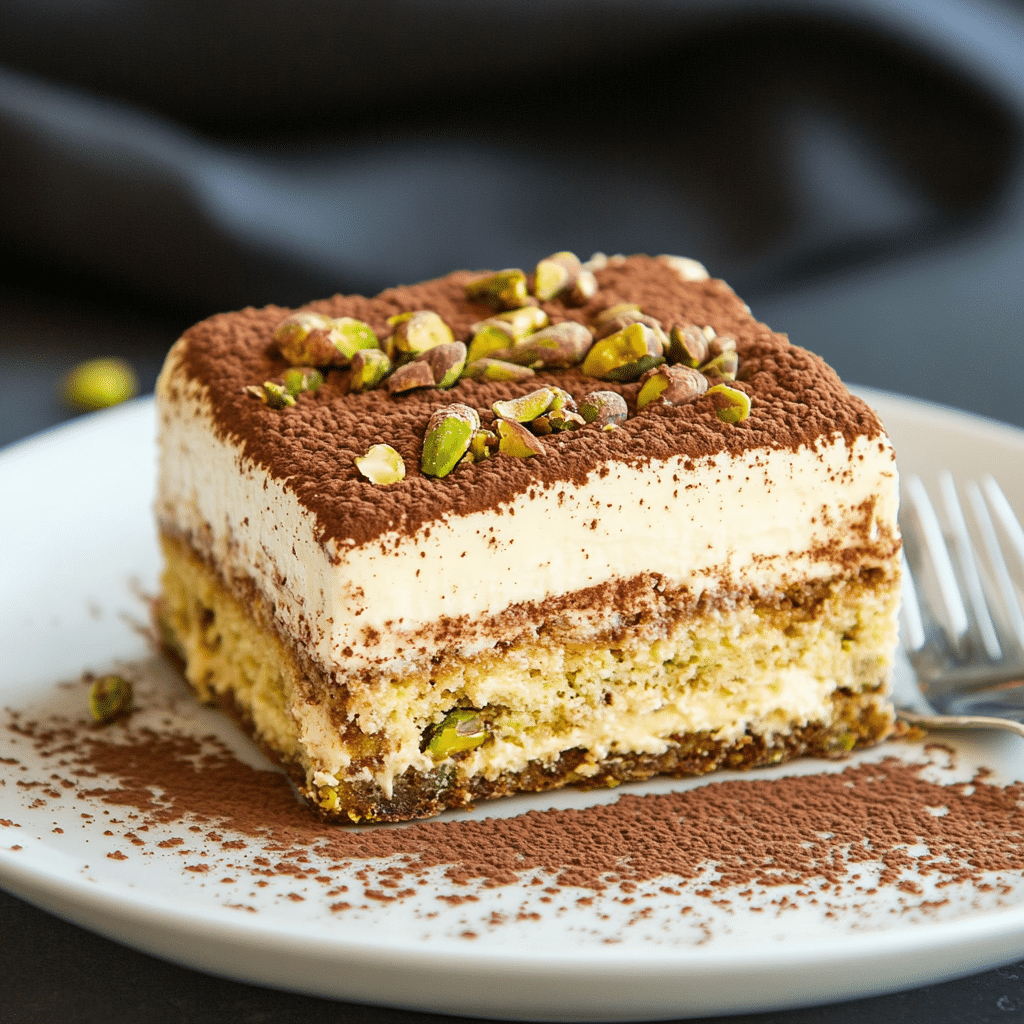 Pistachio tiramisu dessert recipe slice served with cocoa and nuts