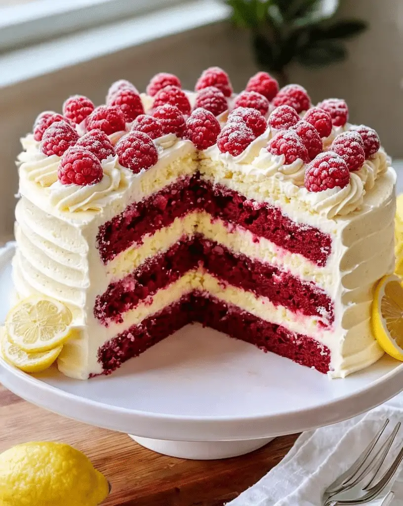 Raspberry Cake topped with fresh raspberries and powdered sugar