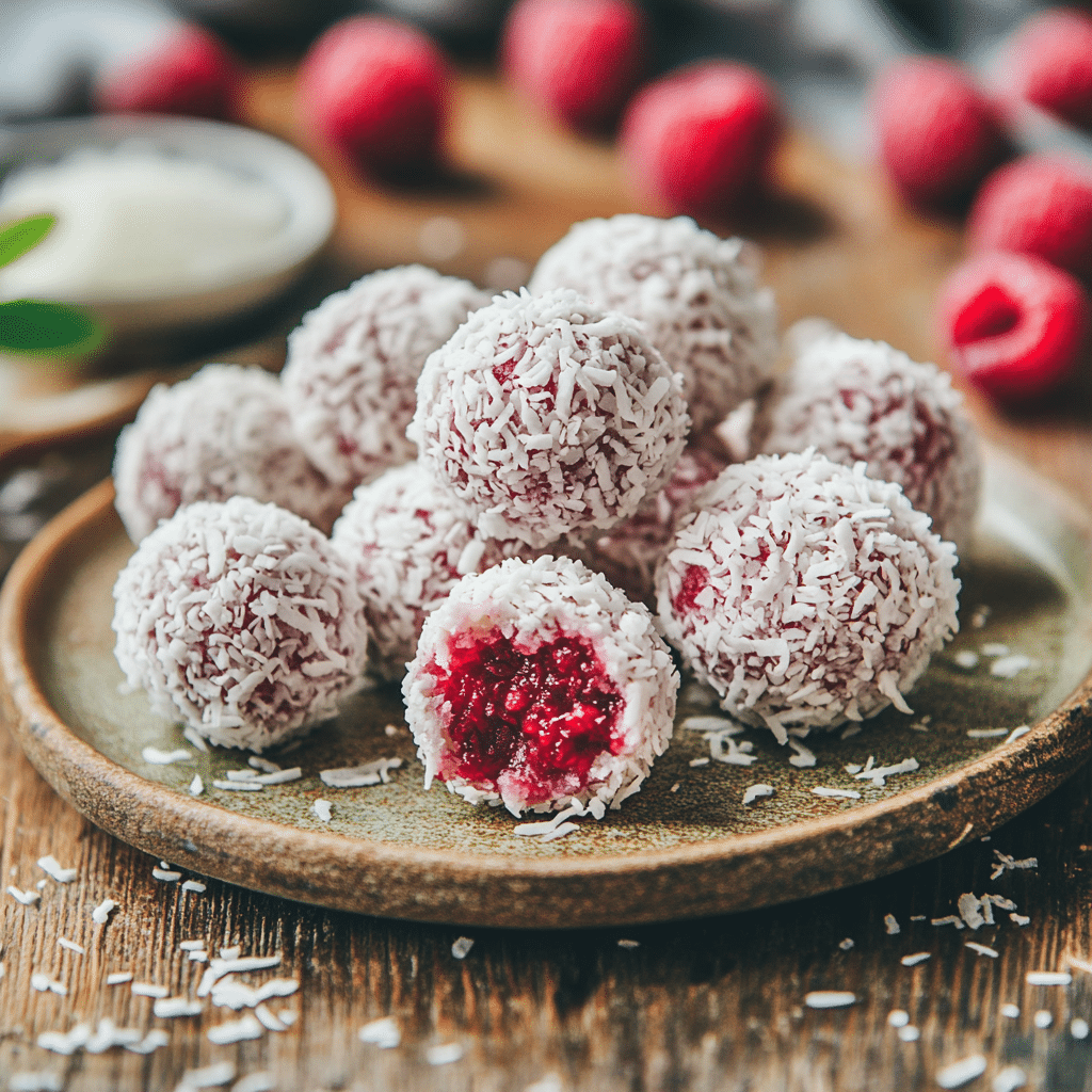 Irresistible No-Bake Raspberry Coconut Balls for a Quick Sweet Treat 12 Raspberry coconut balls recipe card with snack visual