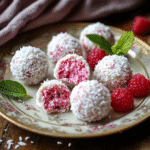 Irresistible No-Bake Raspberry Coconut Balls for a Quick Sweet Treat 9 Plated raspberry coconut balls with fresh raspberries and mint