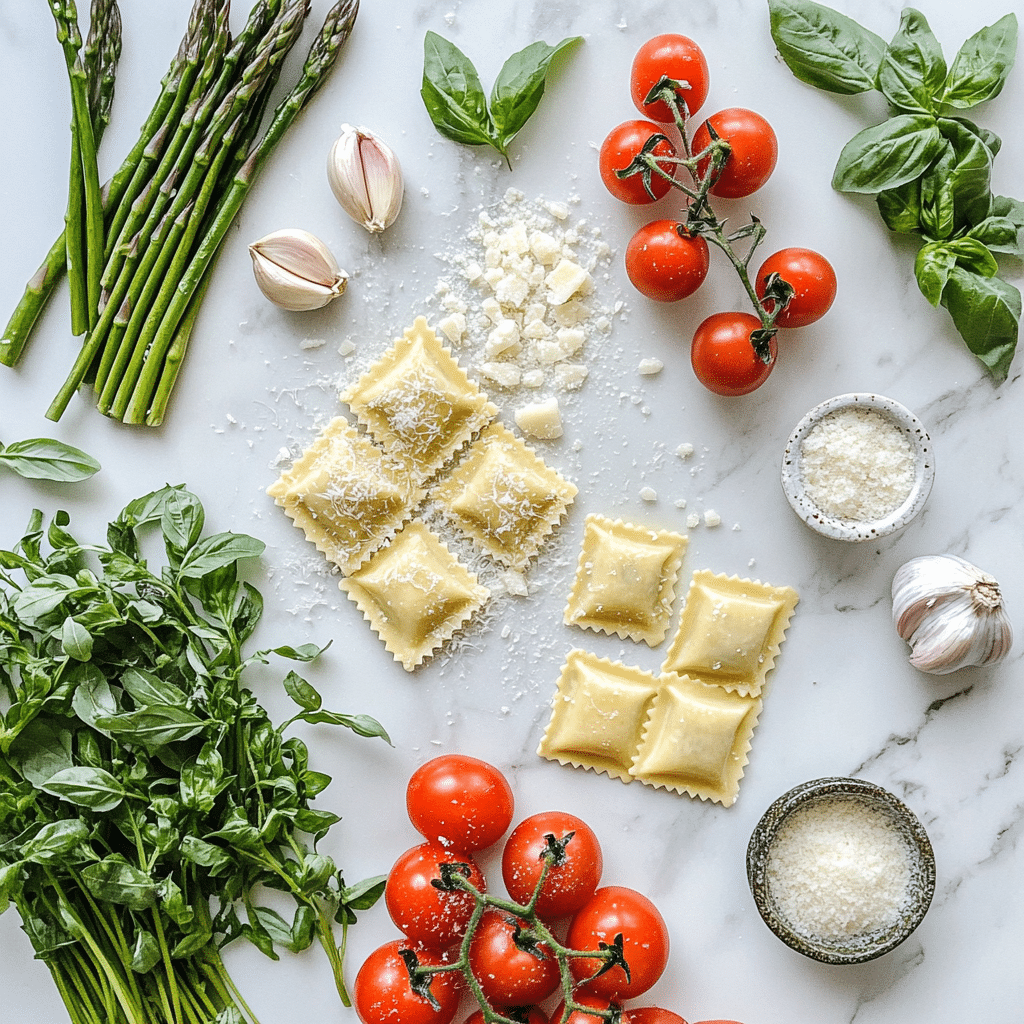 Delicious Ravioli with Fresh Tomatoes, Asparagus, Garlic, and Herbs 6 Ingredients for ravioli with fresh tomatoes and asparagus