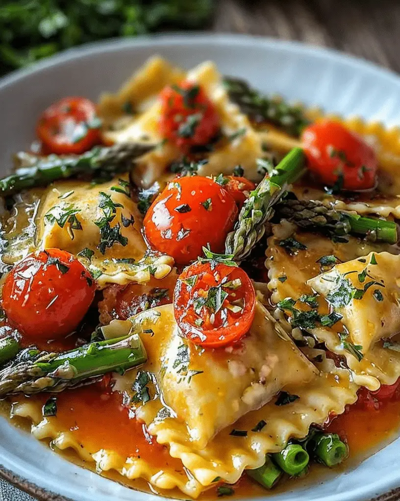 Ravioli with fresh tomatoes, asparagus, garlic, and herbs in bowl