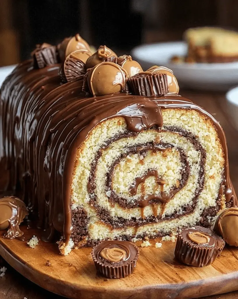 Peanut Butter Cup Roll Cake with ganache and candy topping