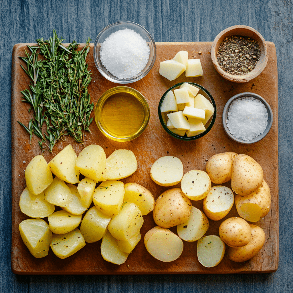 Crispy and Delicious Roasted Potatoes for the Perfect Side Dish 6 Ingredients for roasted potatoes on a rustic wood surface