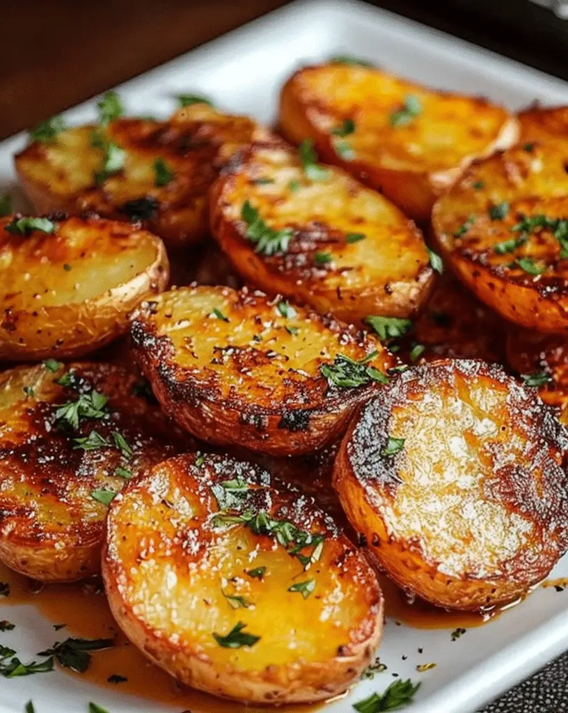 Crispy roasted potatoes with herbs on a baking sheet