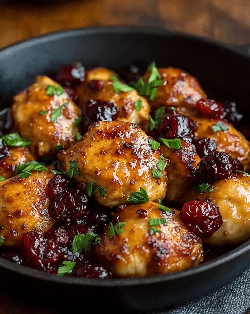 Skillet Cranberry Orange Chicken in rustic pan with cranberries and orange zest