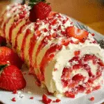 Irresistible Strawberry Birthday Cake Roll Recipe for Your Special Day 5 Sliced Strawberry Birthday Cake Roll with whipped cream and sprinkles