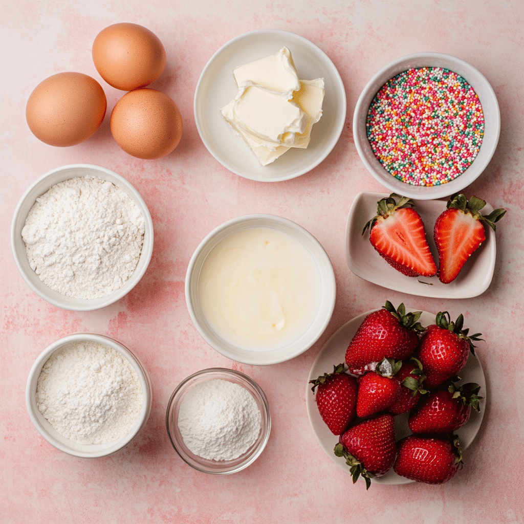Irresistible Strawberry Birthday Cake Roll Recipe for Your Special Day 6 Ingredients for Strawberry Birthday Cake Roll arranged on pastel table