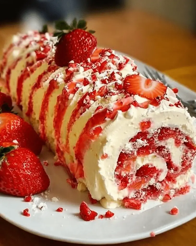 Sliced Strawberry Birthday Cake Roll with whipped cream and sprinkles