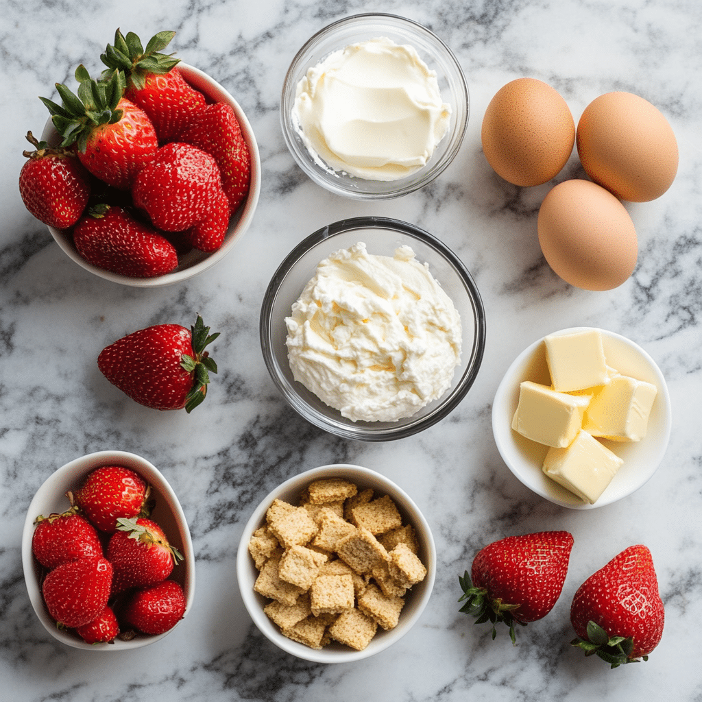 Irresistible Strawberry Cheesecake Delight: A Sweet Indulgence You'll Love 10 Ingredients for Strawberry Cheesecake on kitchen counter
