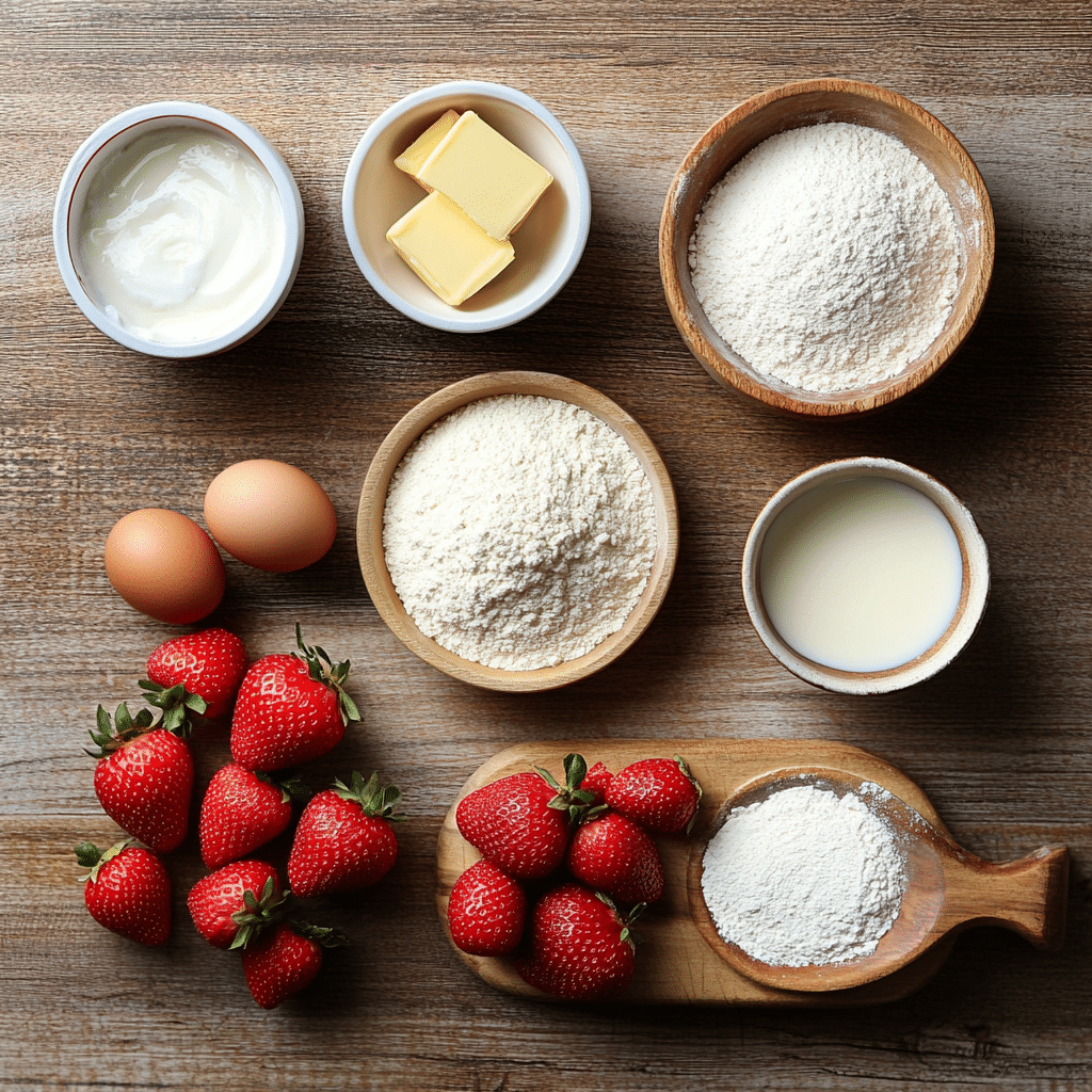 Irresistible Strawberry Dream Cake Recipe for Ultimate Dessert Bliss 5 Ingredients for Strawberry Dream Cake laid out on a kitchen counter