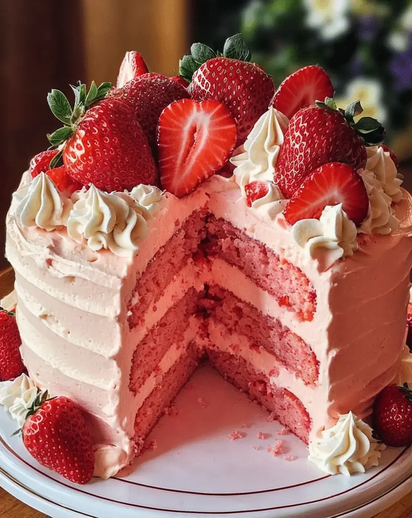 Strawberry Dream Cake with pink whipped frosting and fresh berries
