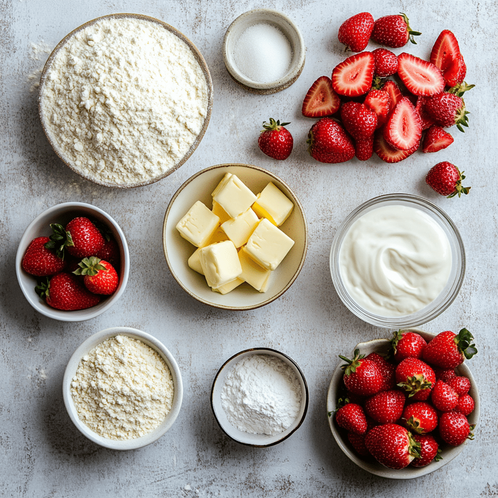 Irresistible Summer Strawberry Shortcake Recipe for a Sweet Sunshine Treat 6 Ingredients for Summer Strawberry Shortcake laid out on table