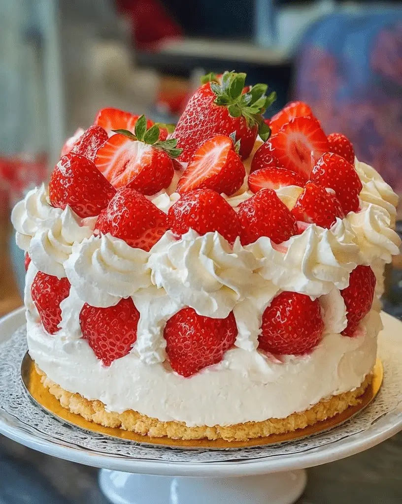 Summer Strawberry Shortcake with whipped cream and strawberries