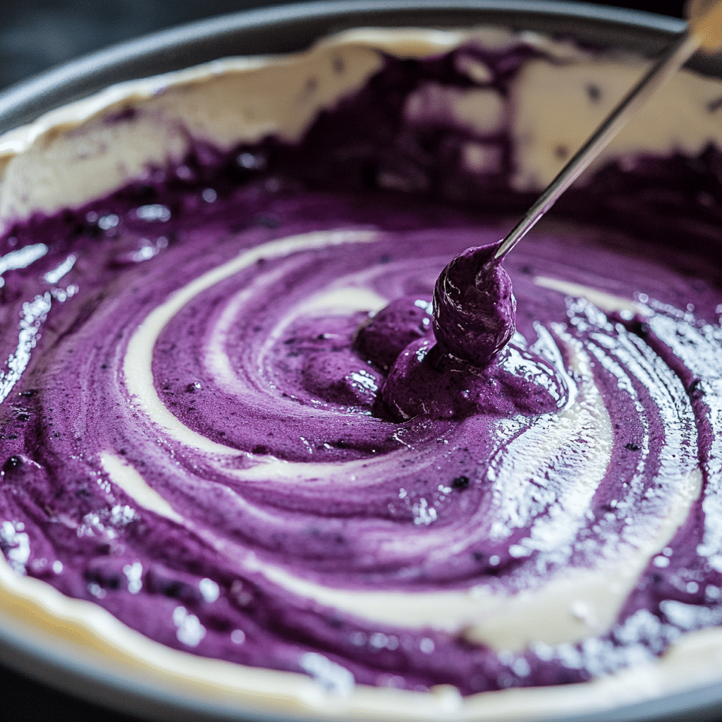 Indulge in a Delightful White Chocolate Blueberry Cheesecake Recipe 11 Swirling blueberry puree in cheesecake batter