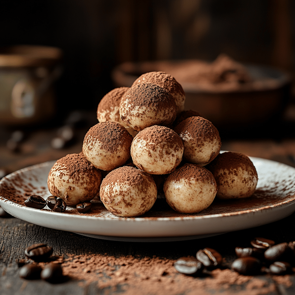 Create Delight with These Irresistible Tiramisu Balls Recipe 6 Tiramisu Balls recipe card styled with espresso and chocolate