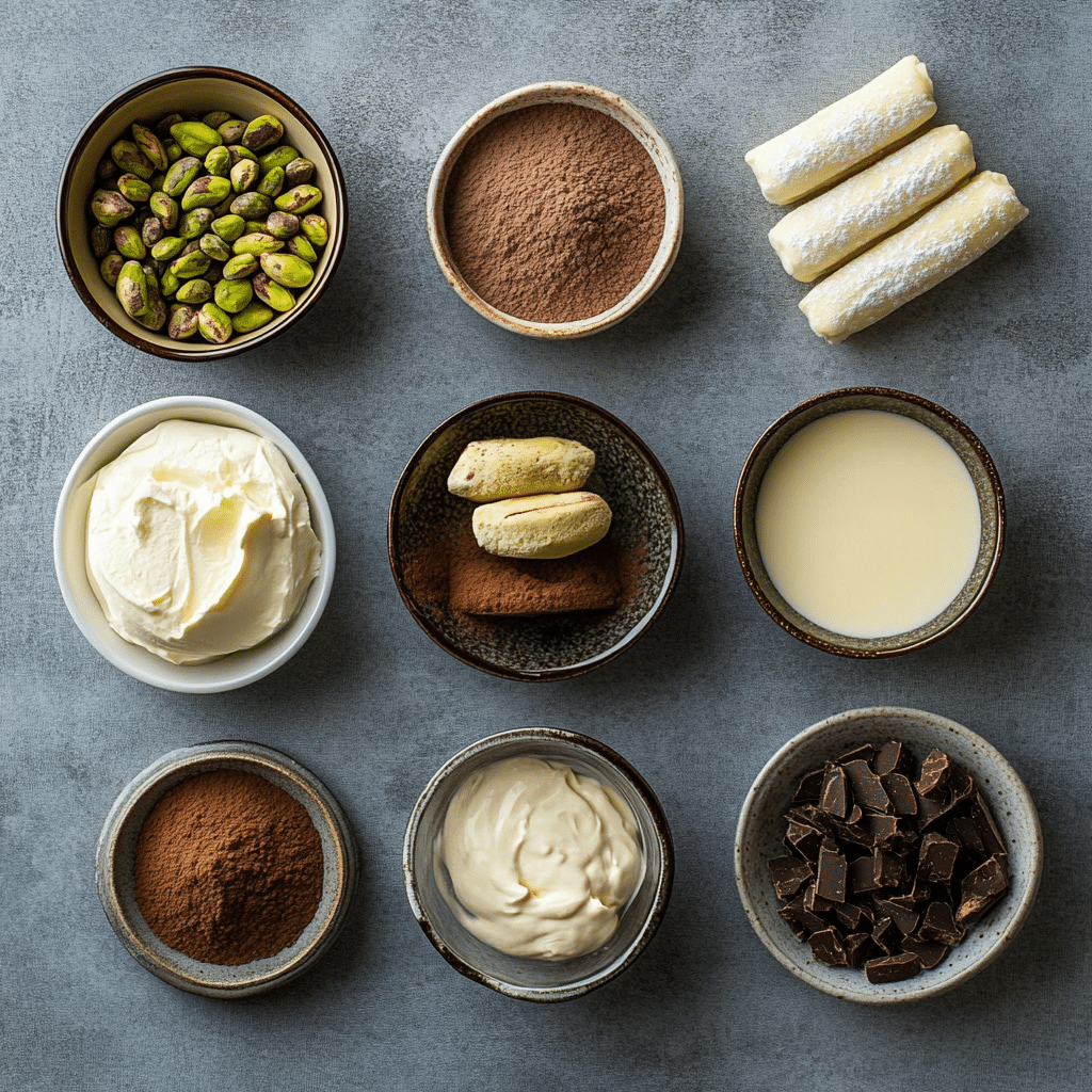 Pistachio Tiramisu Dessert Recipe That’s Luscious, Creamy, and Totally Irresistible 12 Pistachio tiramisu ingredients laid out on kitchen surface