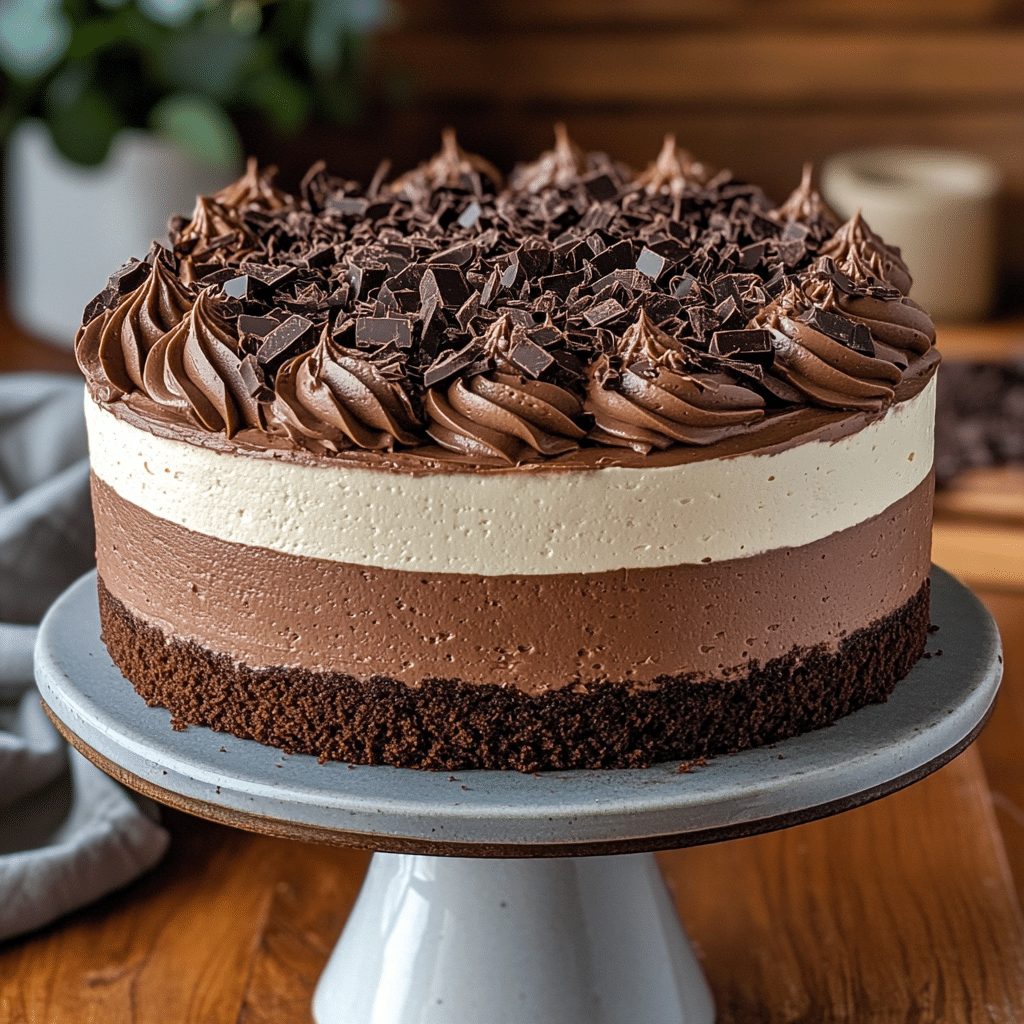 Triple Chocolate Mousse Cake with three chocolate layers